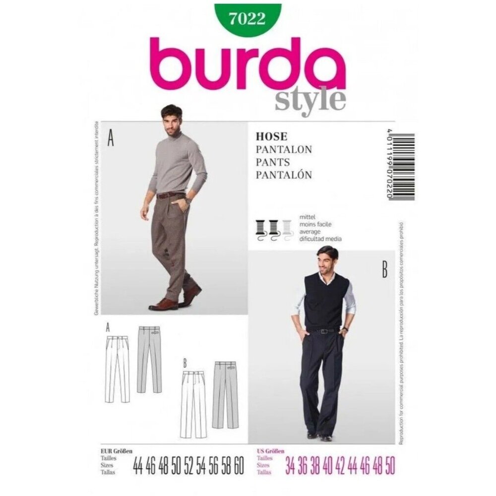 Burda Pattern 7022 Men’s Pants Trousers Mid Rise Semi Fitted Classic Sizes 34-50